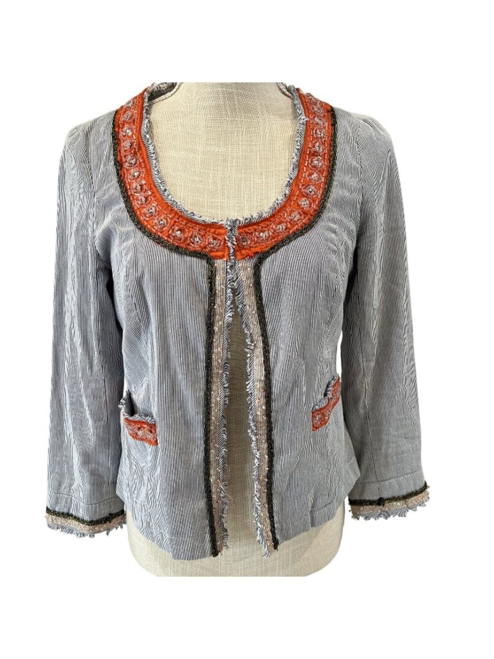 Free People Bohemian-Style Striped Jacket Frayed Edges 6